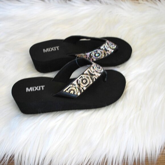 NWT Mixit Women's Black Wedge Bling Flip Flops 6 - Picture 1 of 4
